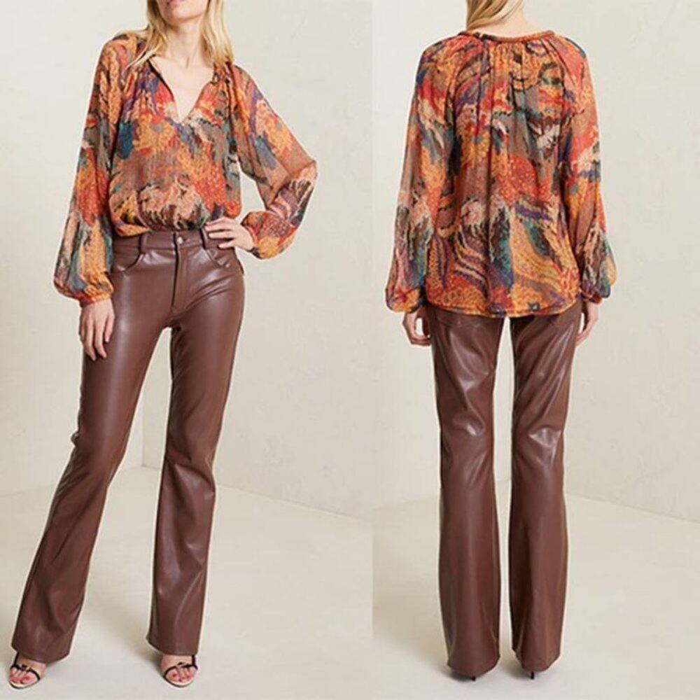 NWT A.L.C. Printed Silk V-Neck Curved Hem Casual Print Long Sleeve Blouse Size 0